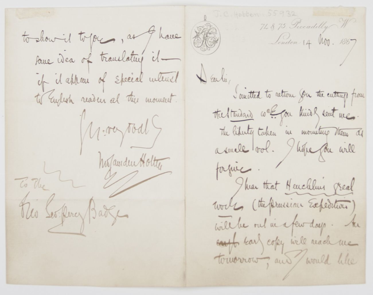 HOTTEN — Autograph Letter Signed to the Revd. George Percy BADGER | Sophie Dupré Autographs