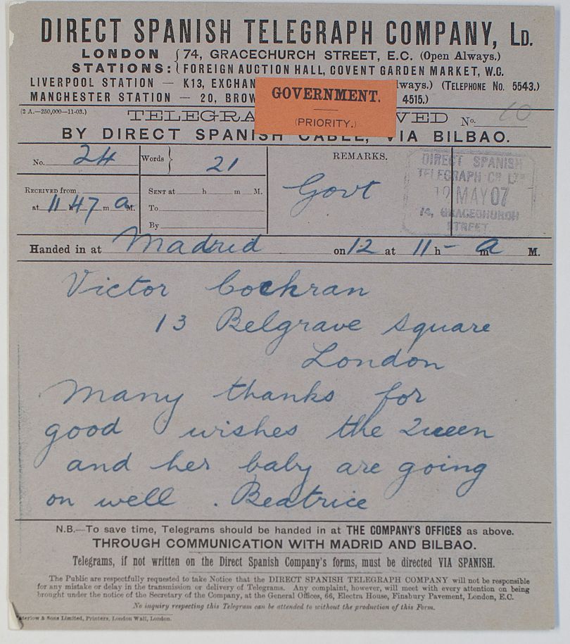 [BEATRICE — Telegram Message to Victor CORKRAN, C.V.O., | Sophie Dupré Autographs