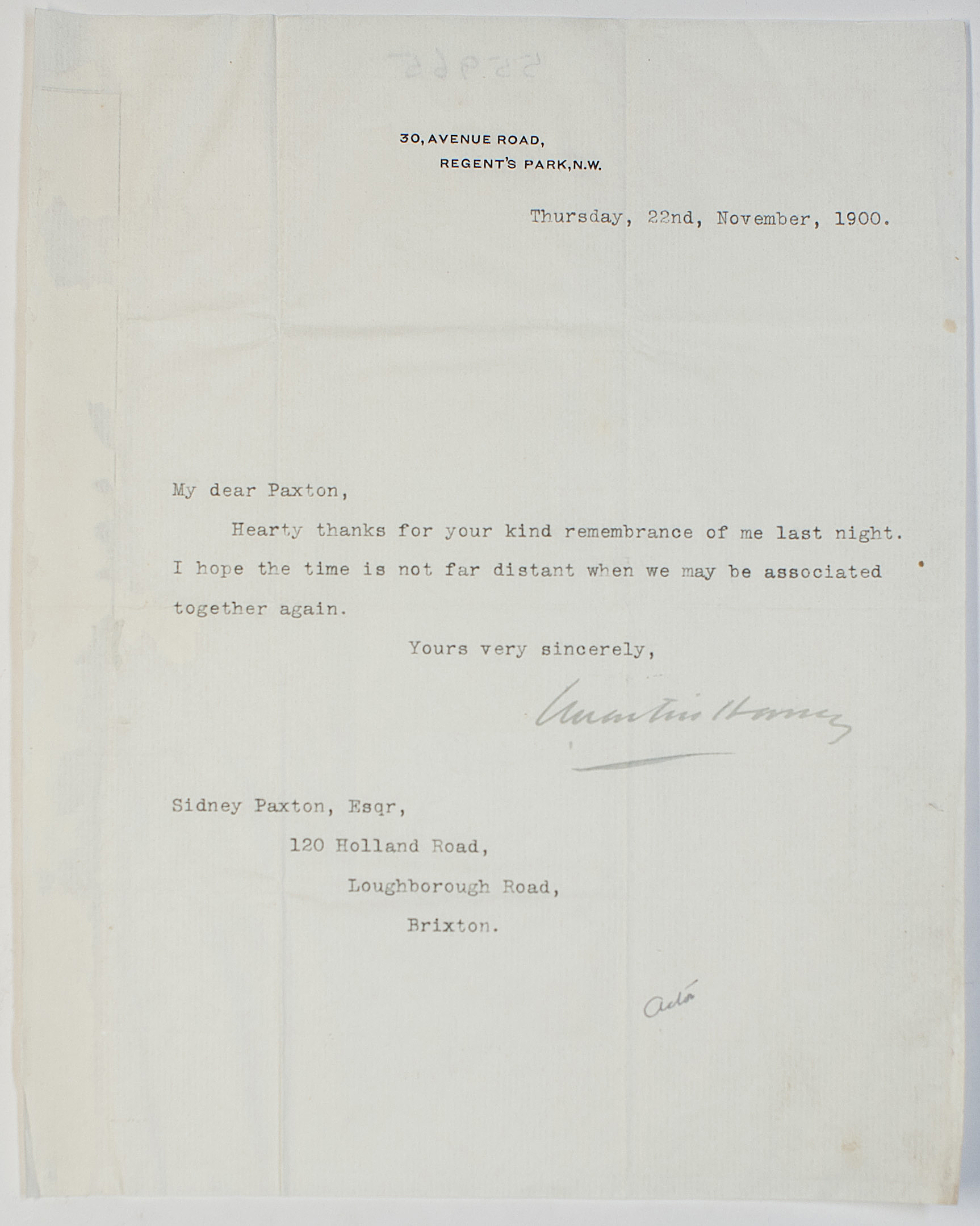 HARVEY — Typed Letter Signed to Sydney PAXTON, | Sophie Dupré Autographs