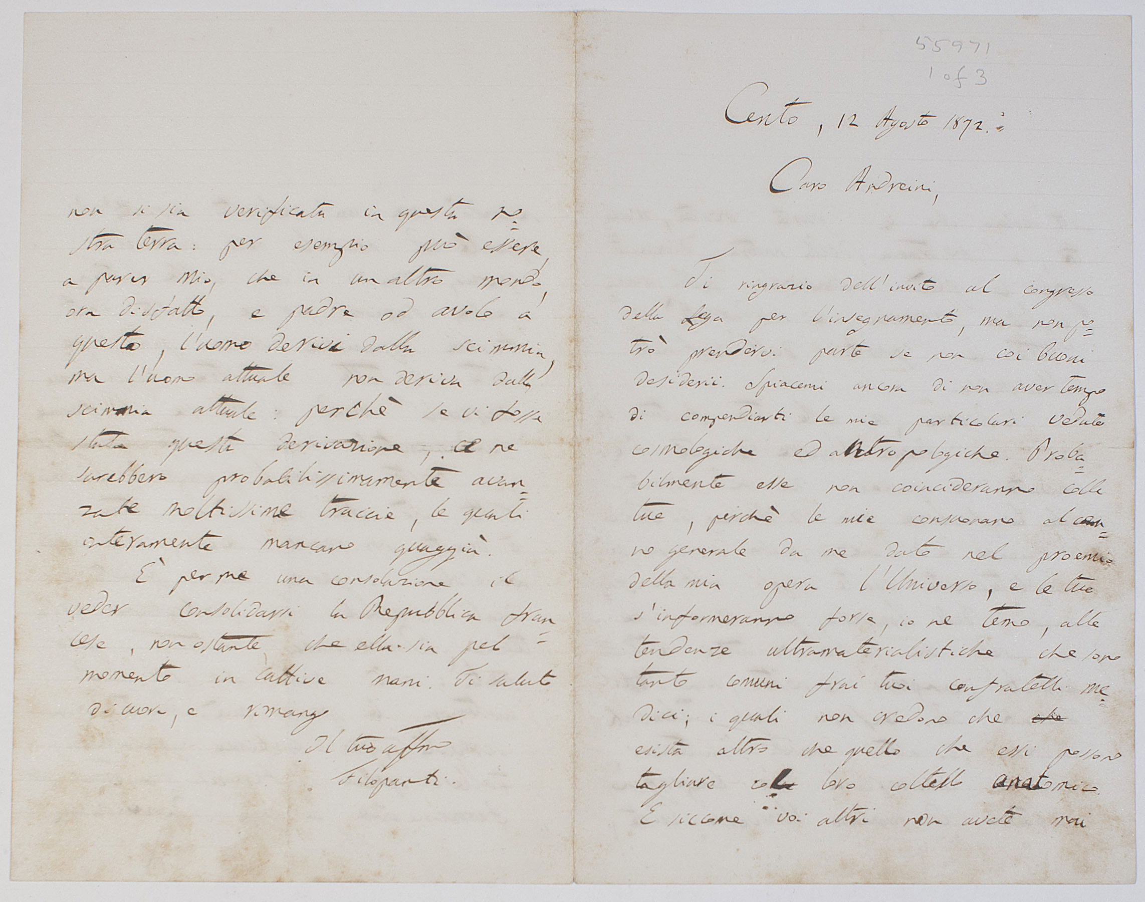BARILLI — Autograph Letter Signed 'Filopanti' to Rinaldo ANDREINI, | Sophie Dupré Autographs