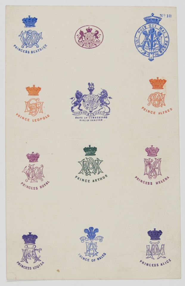 MONOGRAMS — Printed Specimen Sheet of 12 Embossed Monograms in Colour, | Sophie Dupré Autographs