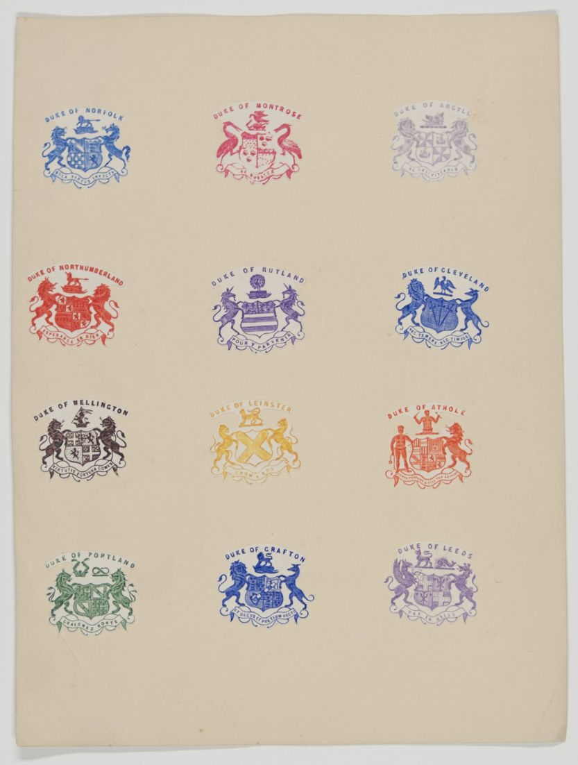 PEERS' COATS OF ARMS — Printed Specimen Sheet of 24 Embossed Coats of Arms, | Sophie Dupré Autographs