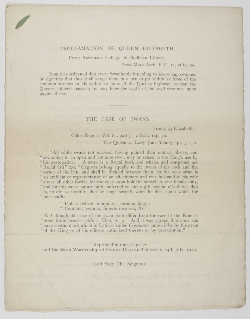 [TRUSCOTT — Amusing Reprints by him of three historical passages about Swans, | Sophie Dupré Autographs
