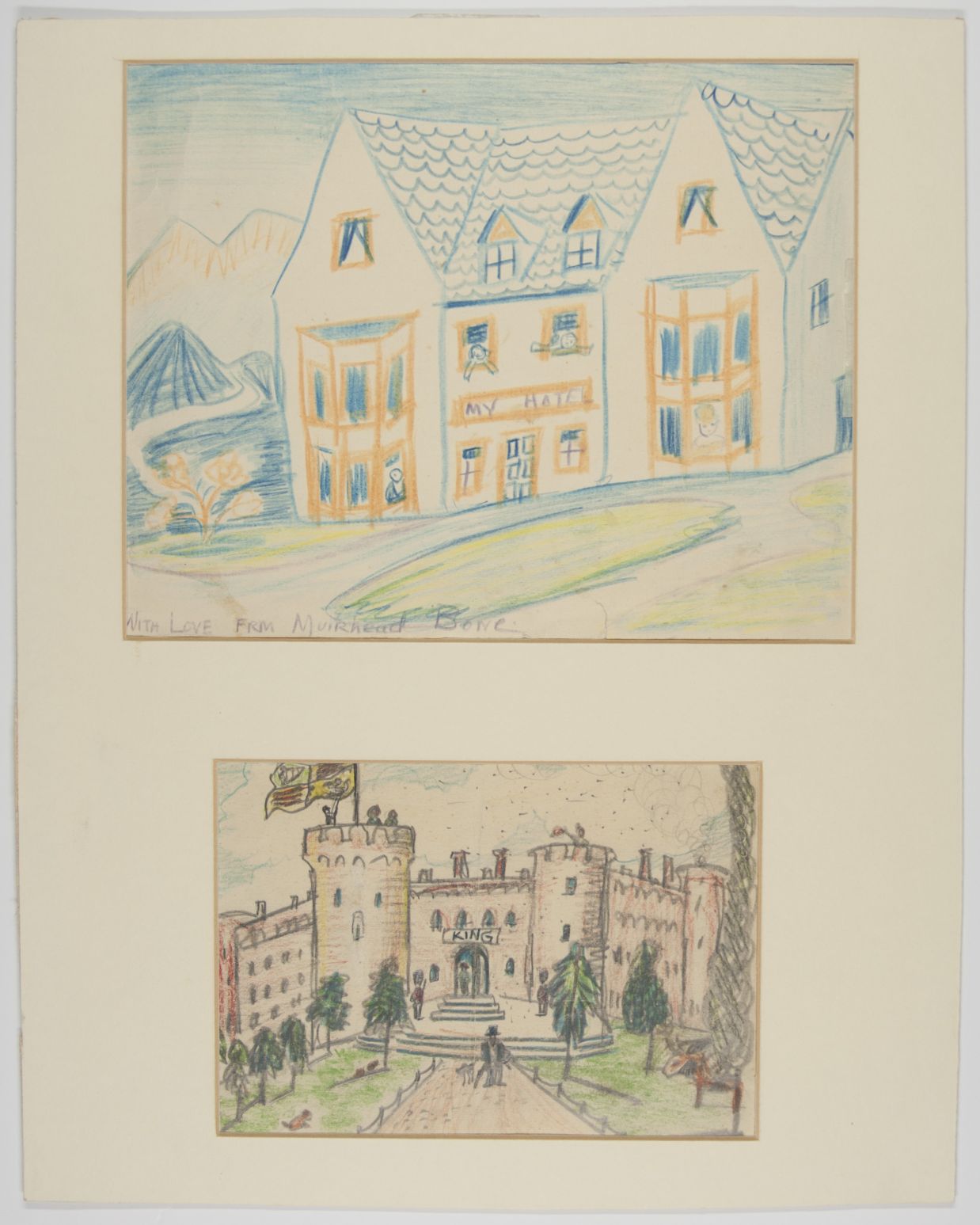 BONE — Two Delightful Drawings done as a boy in Coloured Crayon, one Signed, | Sophie Dupré Autographs
