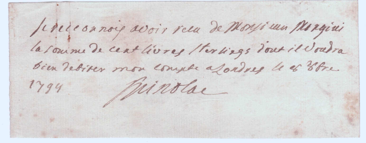 SPINOLA — Autograph receipt signed in French, | Sophie Dupré Autographs