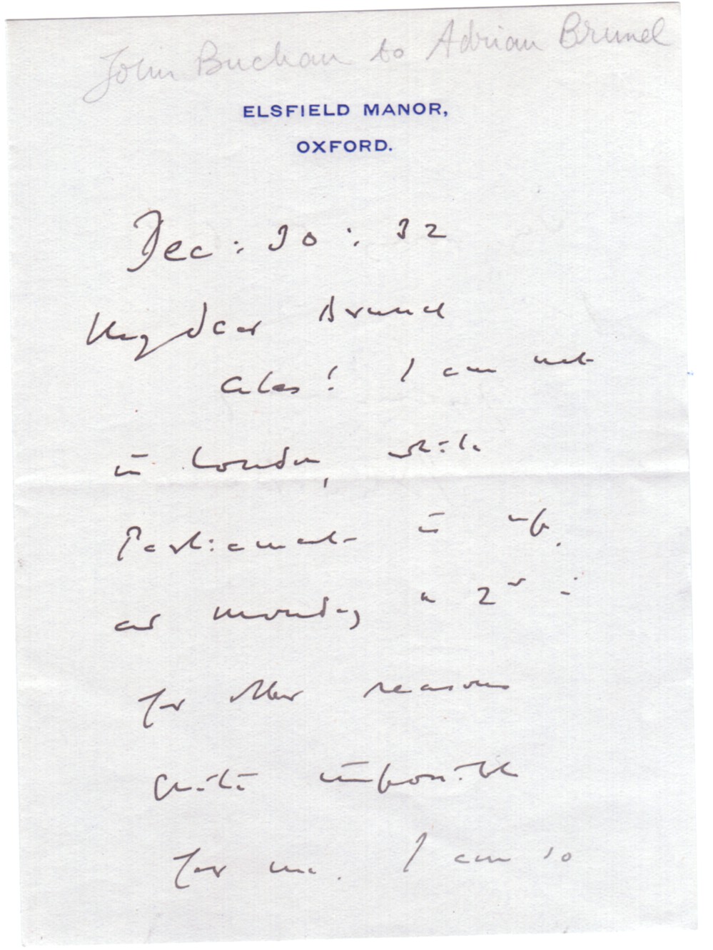 BUCHAN — Autograph Letter Signed to Adrian BRUNEL, | Sophie Dupré Autographs