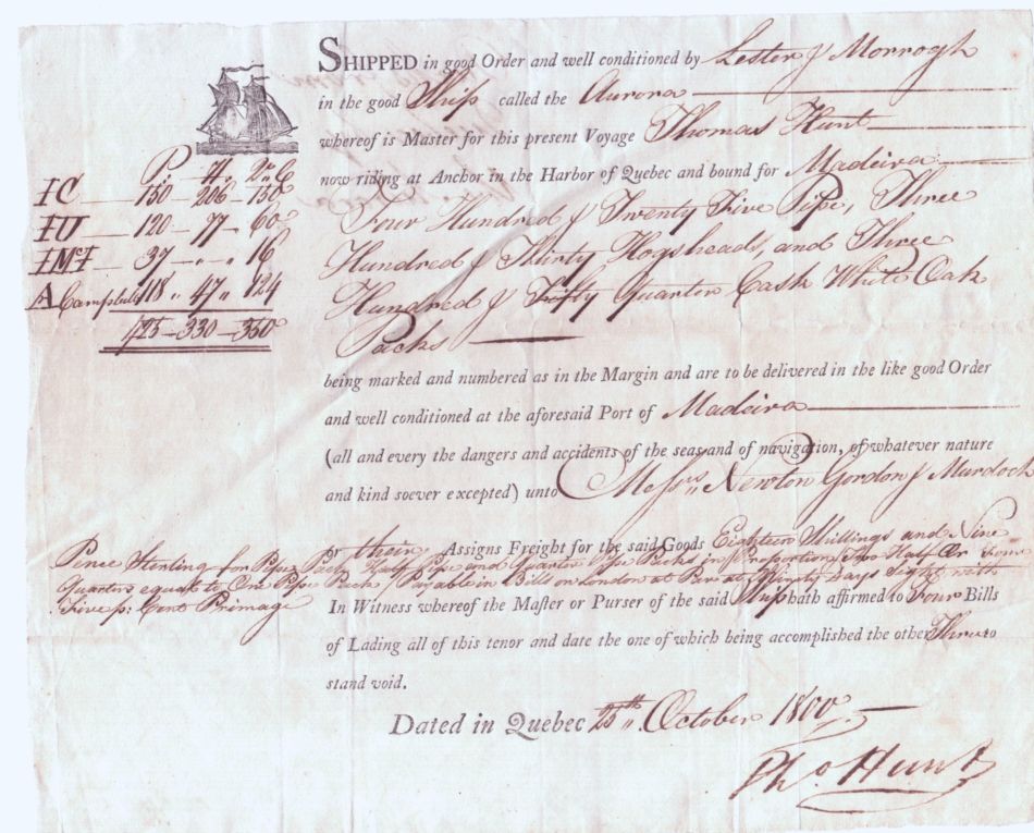 HUNT — Attractive Bill of Lading | Sophie Dupré Autographs