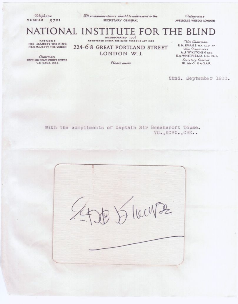 TOWSE — Striking BLIND SIGNATURE on card, | Sophie Dupré Autographs