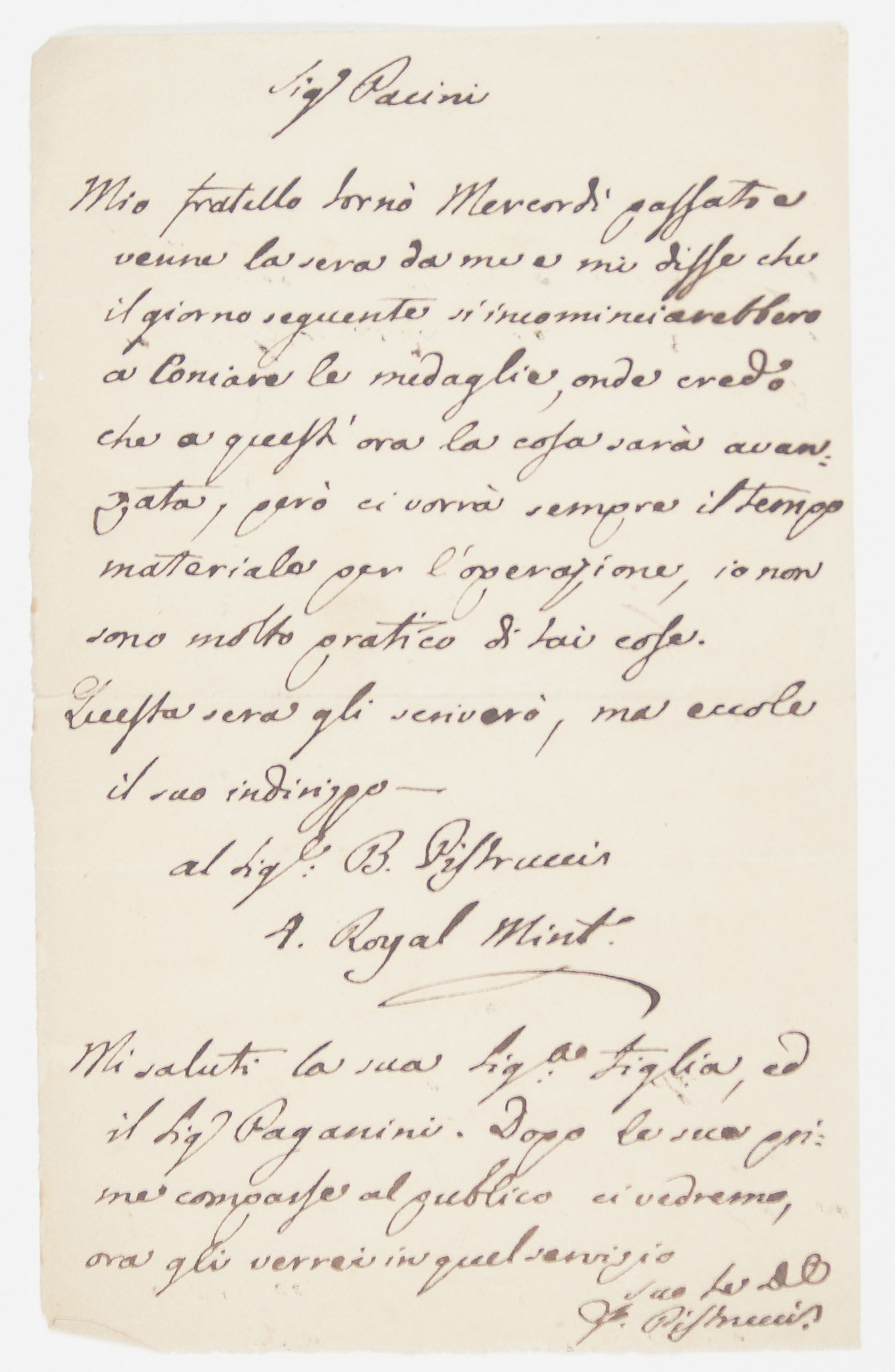 PISTRUCCI — Autograph Letter Signed to Signor PACINI, | Sophie Dupré Autographs