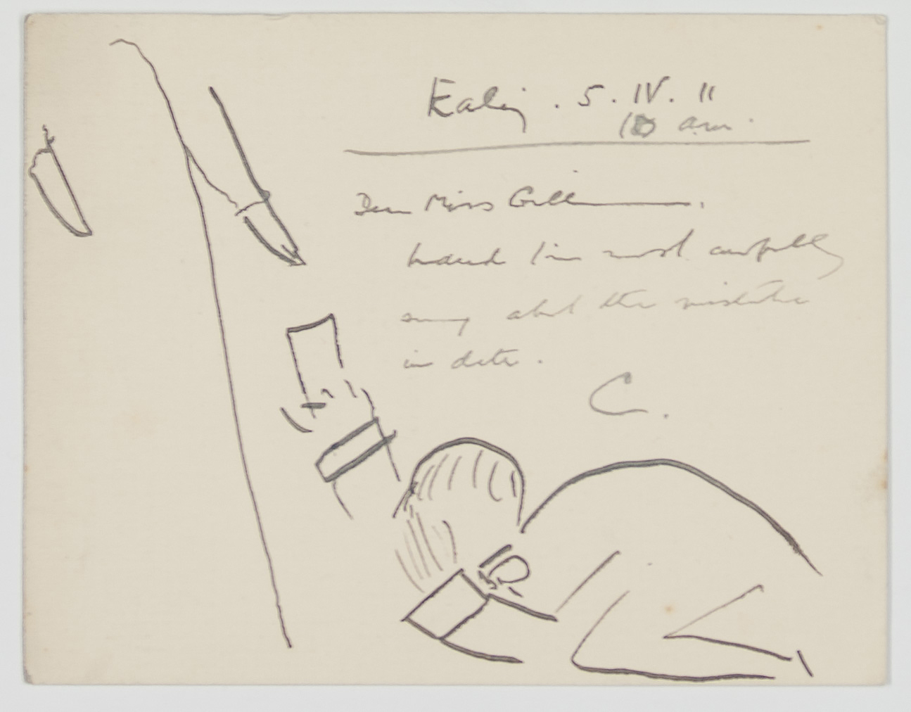 AN ABJECT APOLOGY — Amusing Autograph Note Signed 'C' to Miss Gill, with a Drawing, | Sophie Dupré Autographs