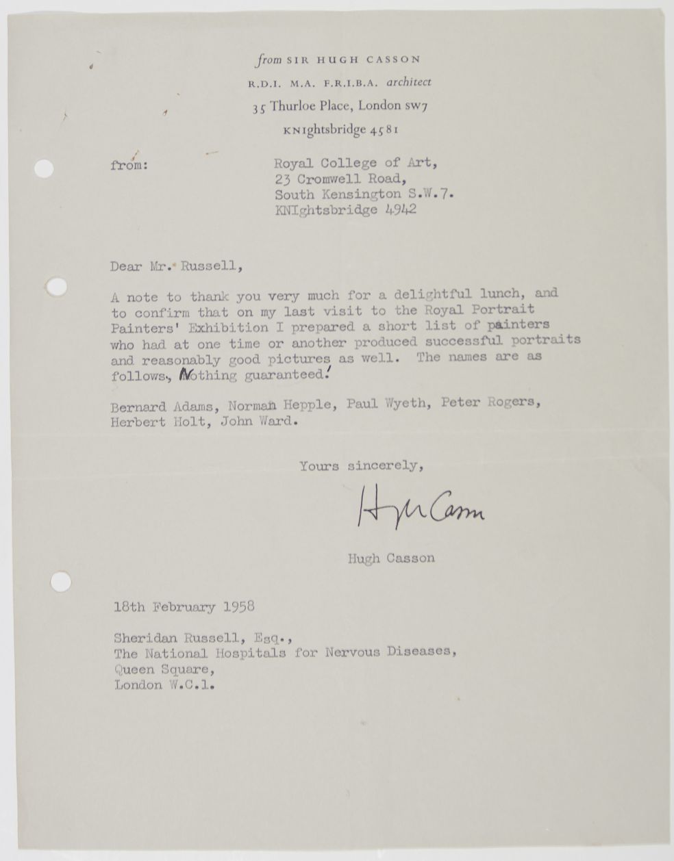 CASSON — Pair of Typed Letters Signed to Sheridan RUSSELL, | Sophie Dupré Autographs