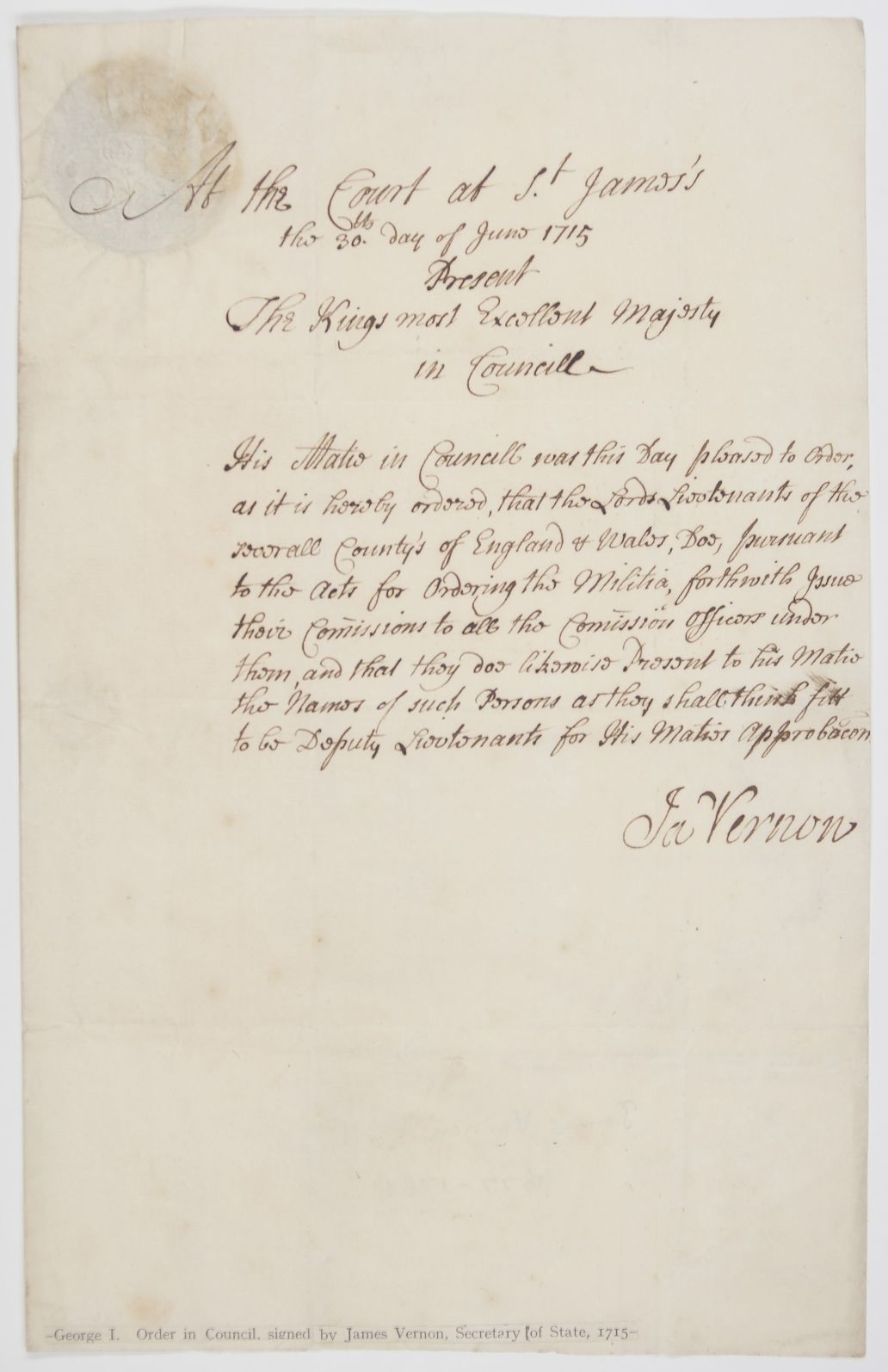 VERNON — Order in Council, Signed as Clerk in Ordinary to the Council, | Sophie Dupré Autographs