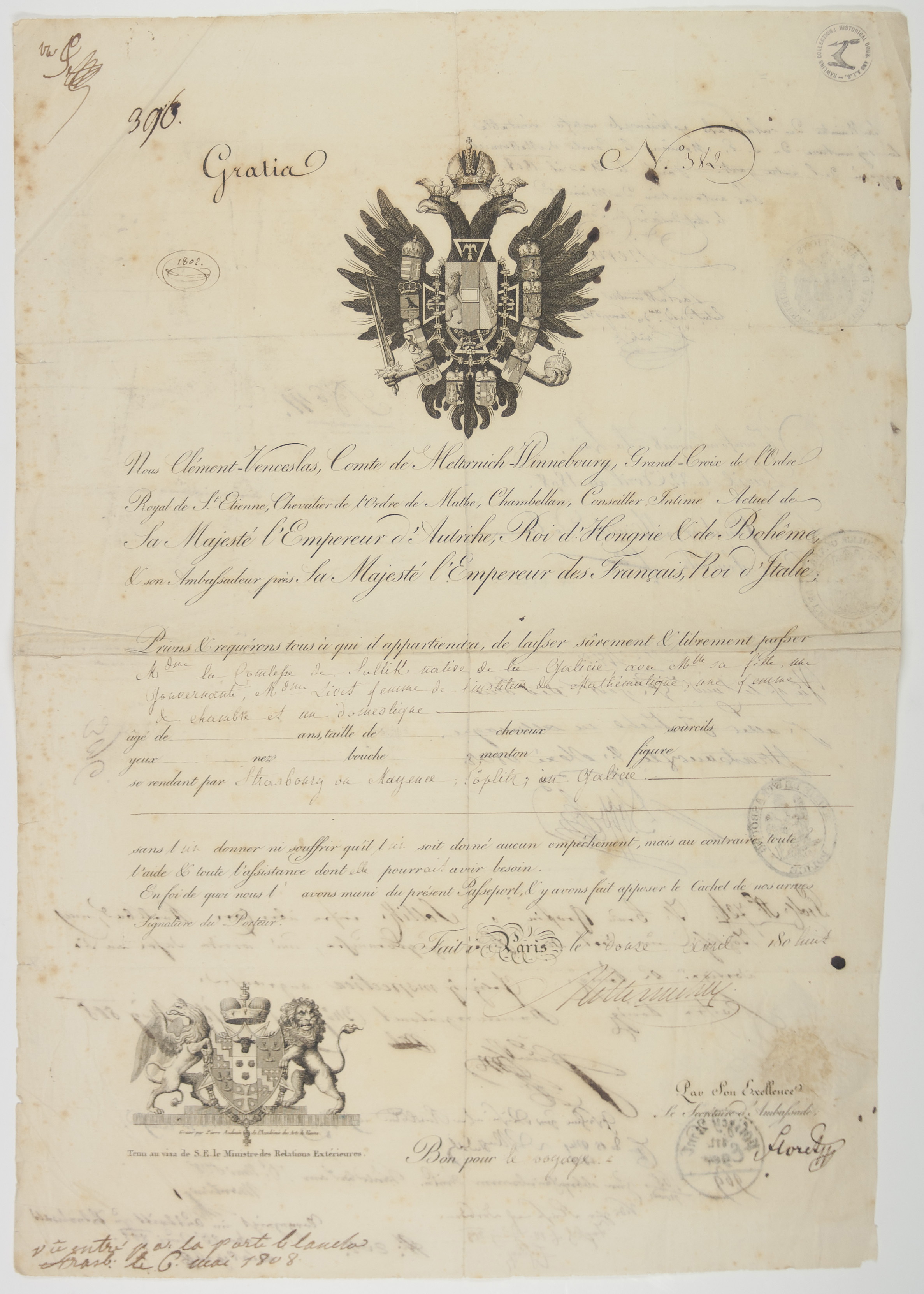 METTERNICH — Large Passport Signed 'Metternich' as Austrian Ambassador to France, | Sophie Dupré Autographs