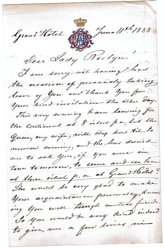 OSCAR II — Autograph Letter Signed to Lady ROSSLYN | Sophie Dupré Autographs