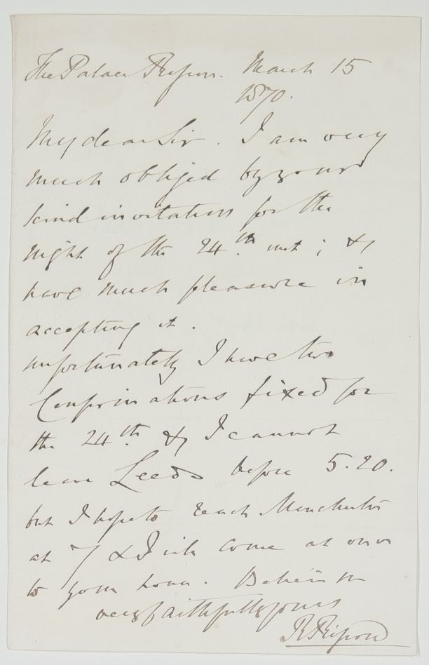 BICKERSTETH — Autograph Letter Signed 'R. Ripon' to 'My dear Sir', | Sophie Dupré Autographs