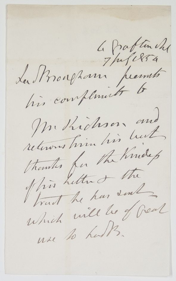 BROUGHAM — Autograph Letter in the Third Person to Canon RICKSON, | Sophie Dupré Autographs