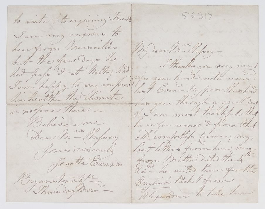 EVANS — Fine Autograph Letter Signed to Mrs Hussey, | Sophie Dupré Autographs