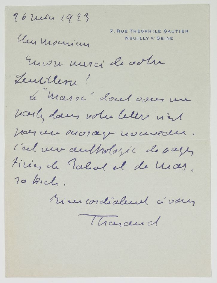 THARAUD — Autograph Letter Signed 'Tharaud' to Monsieur Premsela, | Sophie Dupré Autographs
