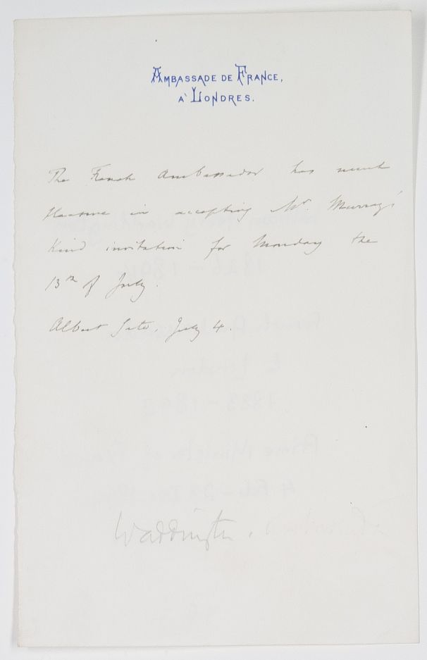 WADDINGTON — Autograph Letter in the Third Person, as 'The French Ambassador', to Mr Murray, | Sophie Dupré Autographs