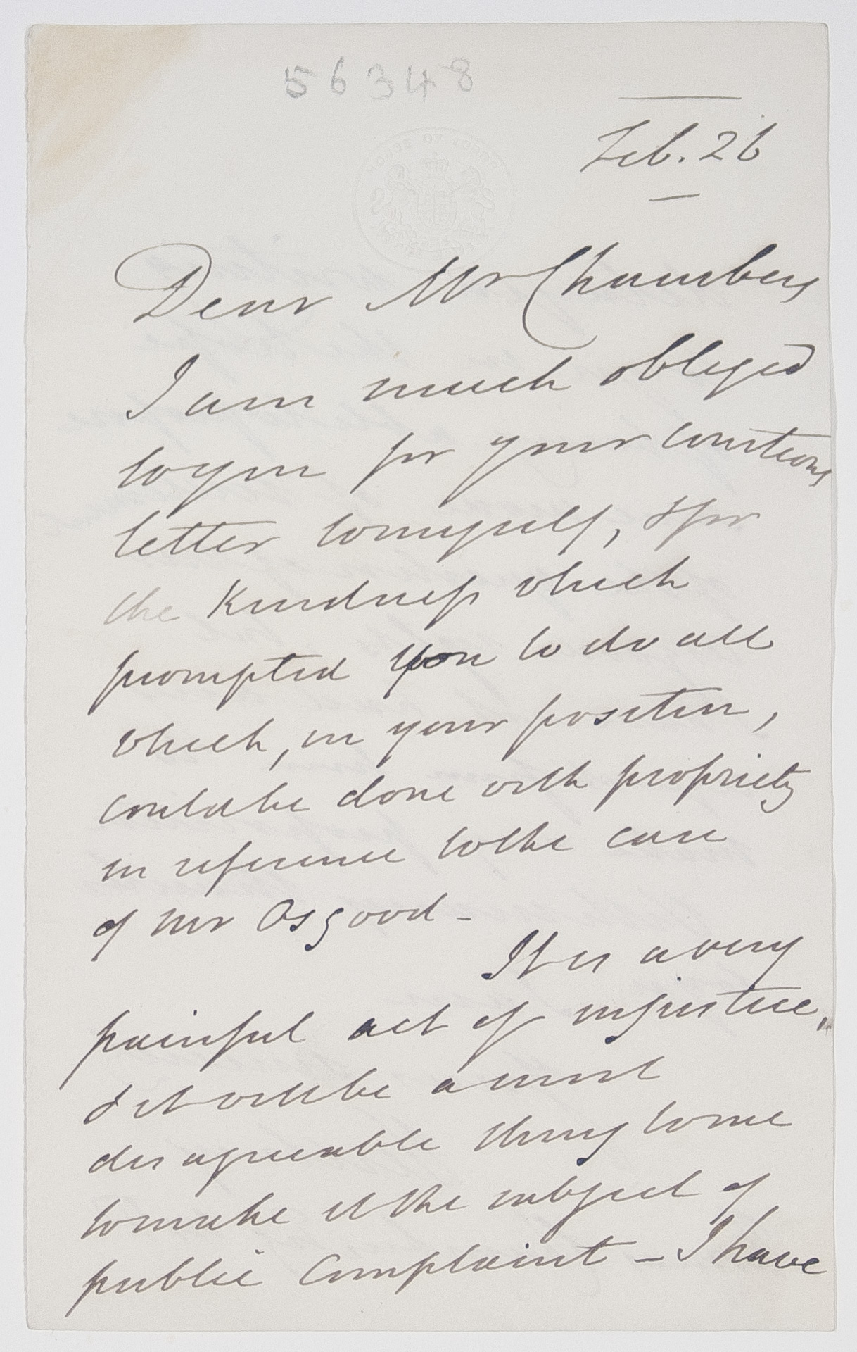 WESTBURY — Autograph Letter Signed to (later Sir) Thomas Chambers, M.P., | Sophie Dupré Autographs