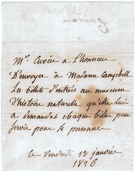 CUVIER — Autograph Letter Signed in the Third Person to 'Madame Campbell', | Sophie Dupré Autographs