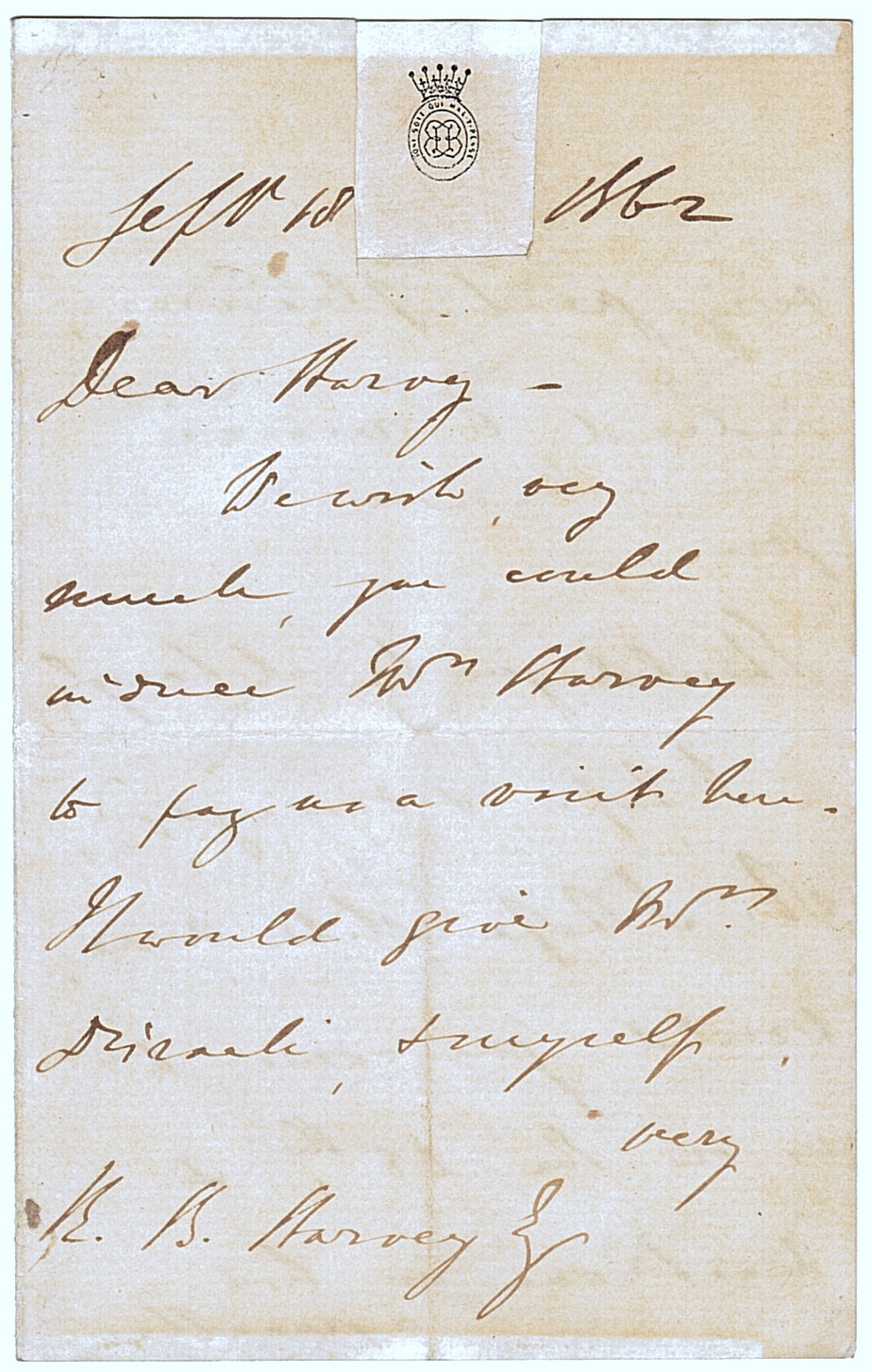 DISRAELI — Autograph Letter Signed to Robert Bateson HARVEY, | Sophie Dupré Autographs