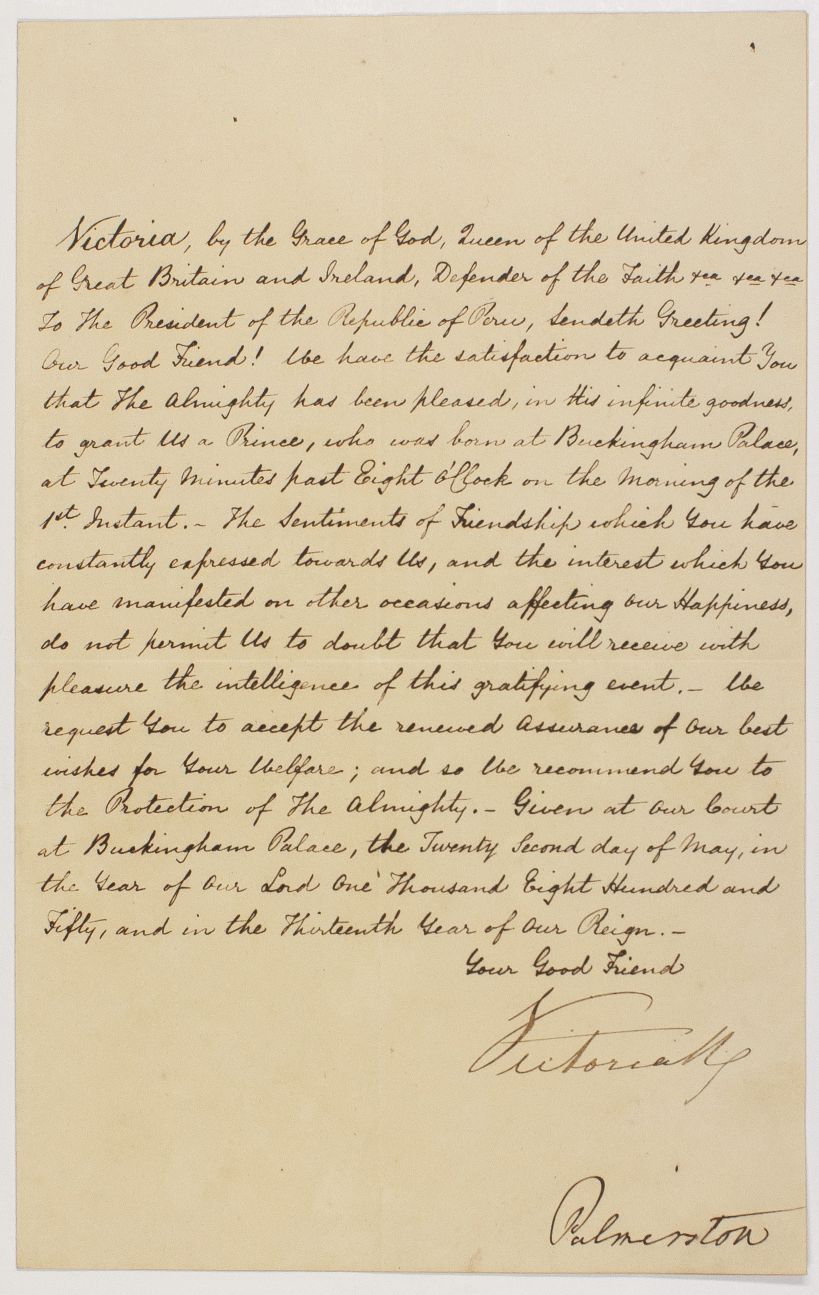 VICTORIA — Fine Document Signed to the President of Peru, | Sophie Dupré Autographs