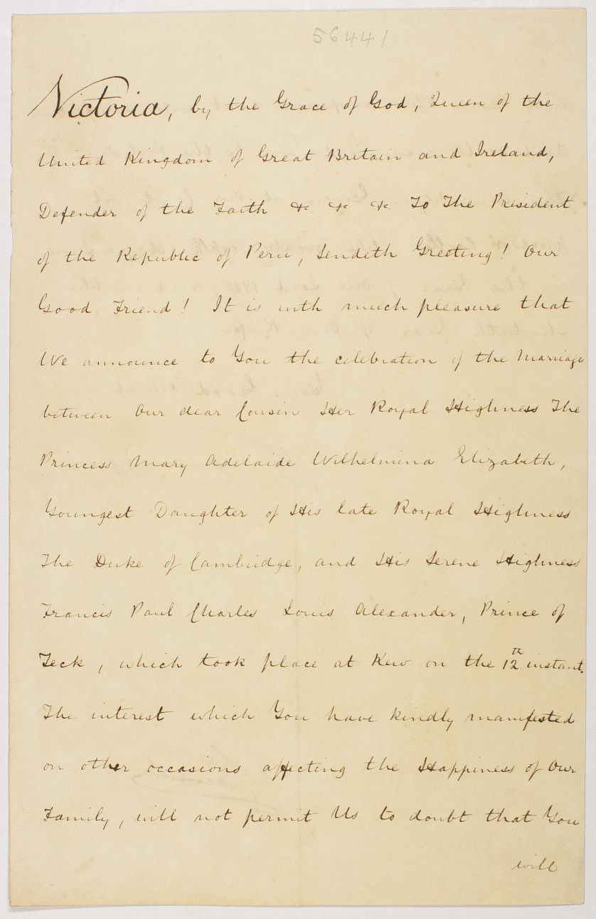 VICTORIA — Fine Document Signed to the President of Peru, | Sophie Dupré Autographs