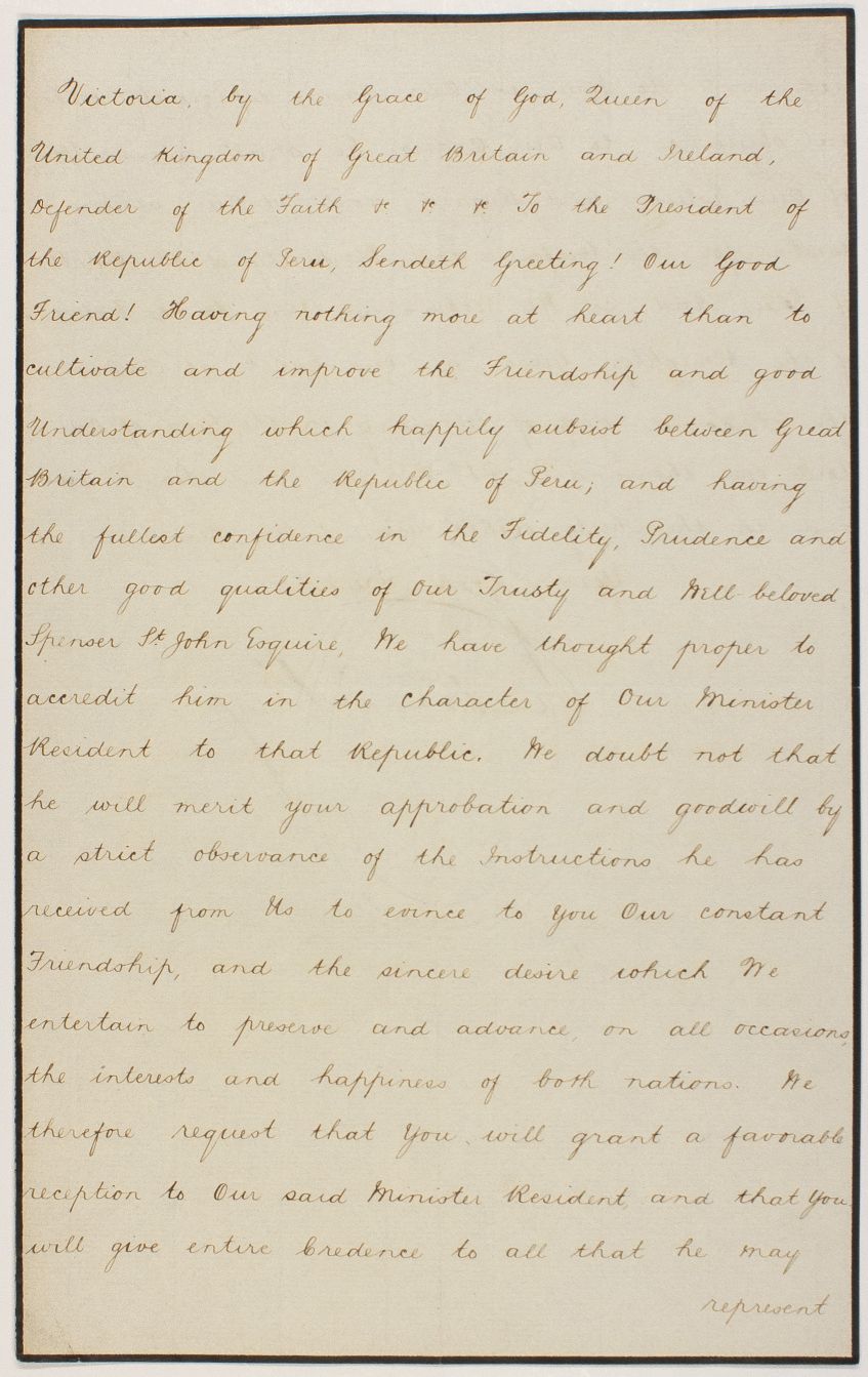VICTORIA — Fine Document Signed to the President of Peru, | Sophie Dupré Autographs