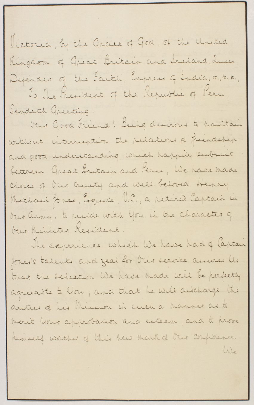 VICTORIA — Fine Document Signed to the President of Peru, | Sophie Dupré Autographs