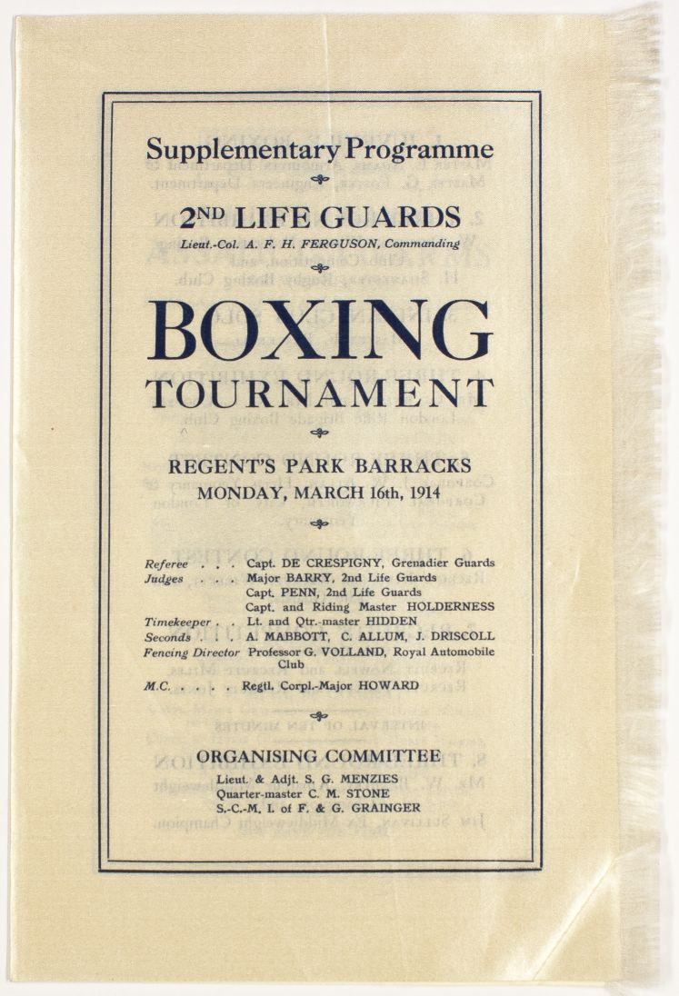 [GEORGE V — Fine Programme Printed on Silk of the Boxing Tournament and Assault-at-Arms of the 2nd Life Guards, | Sophie Dupré Autographs