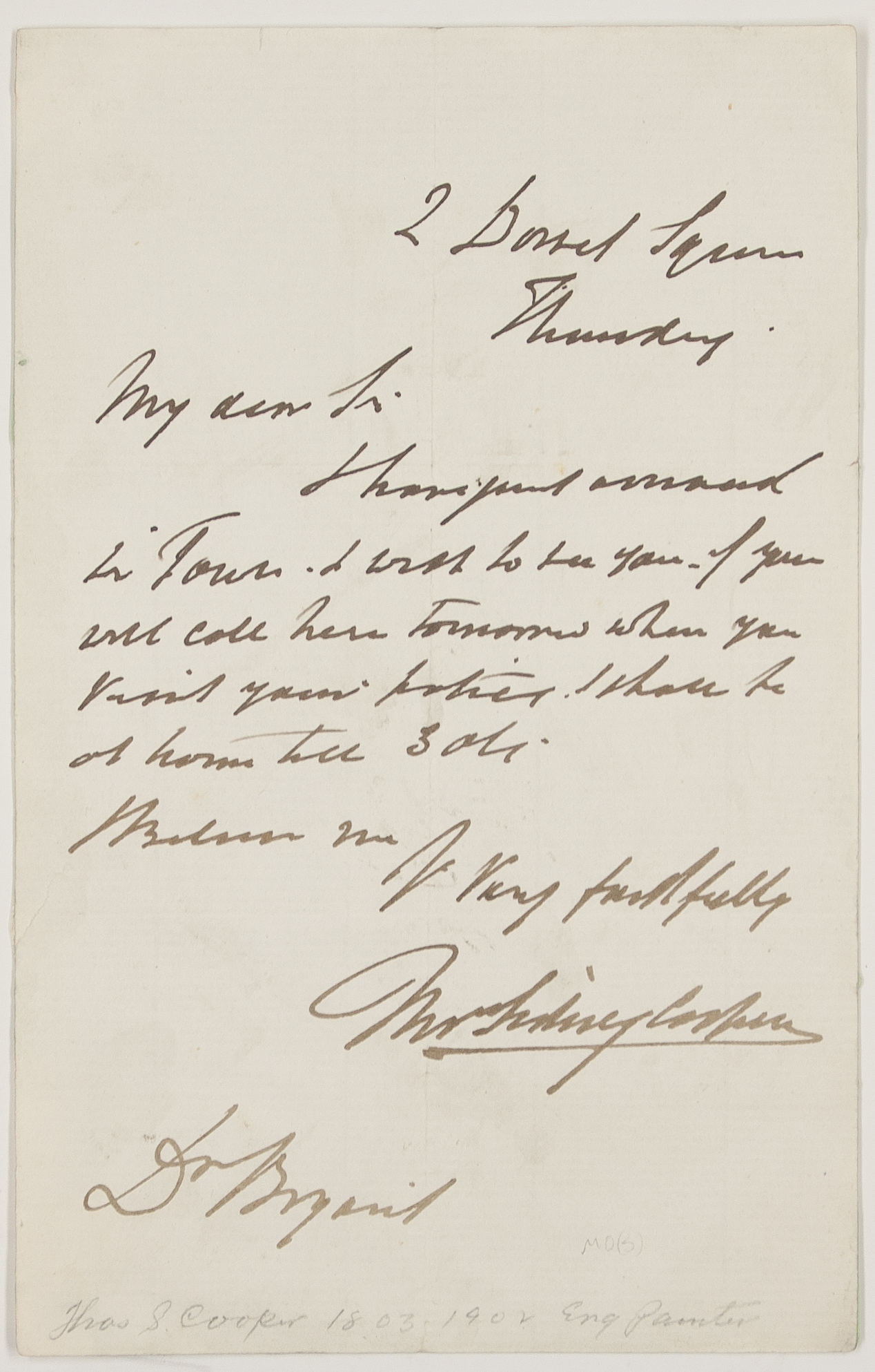 COOPER — Autograph Letter Signed to Dr Bryant, | Sophie Dupré Autographs
