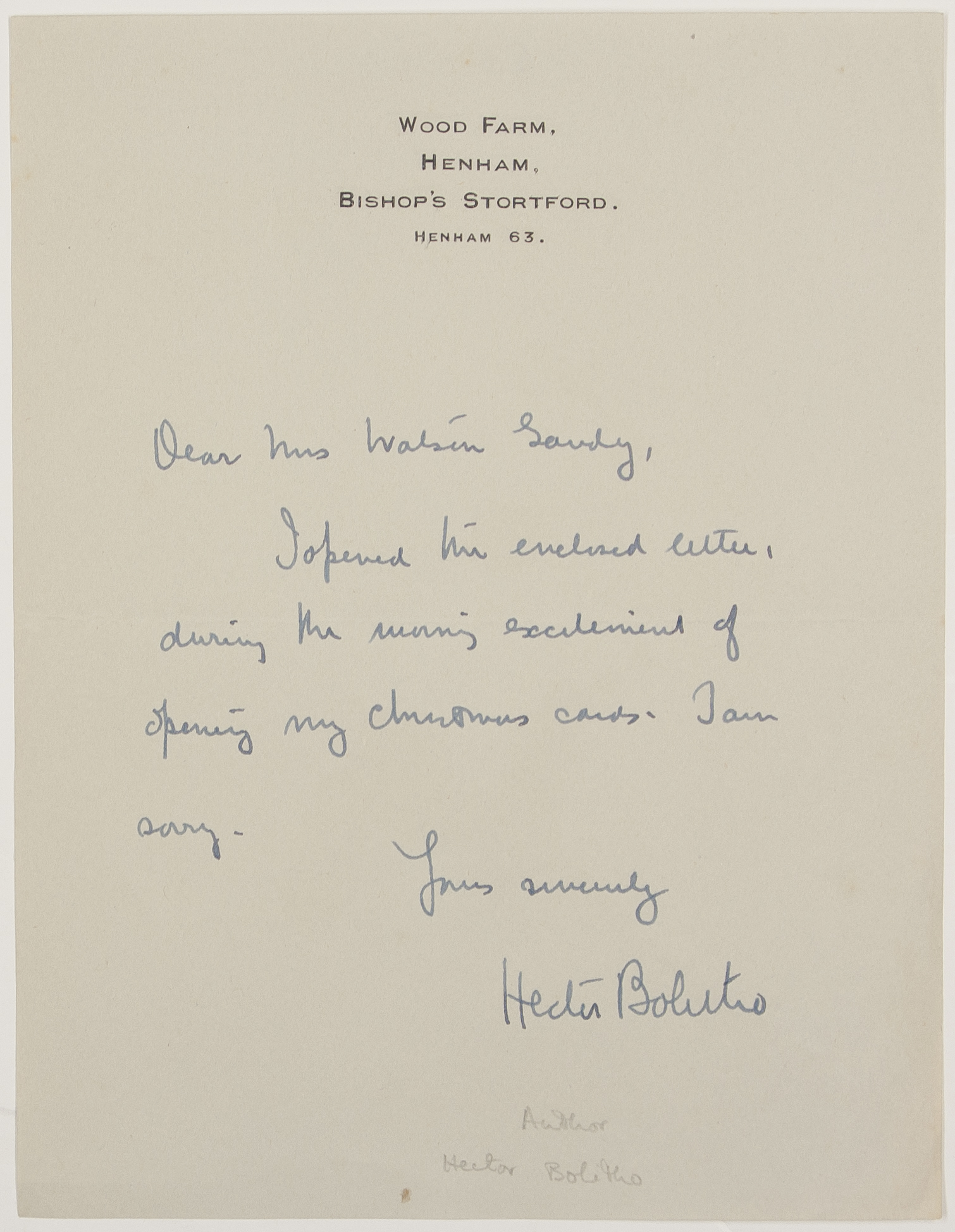 BOLITHO — Autograph Letter Signed to Mrs Watson Gandy, | Sophie Dupré Autographs