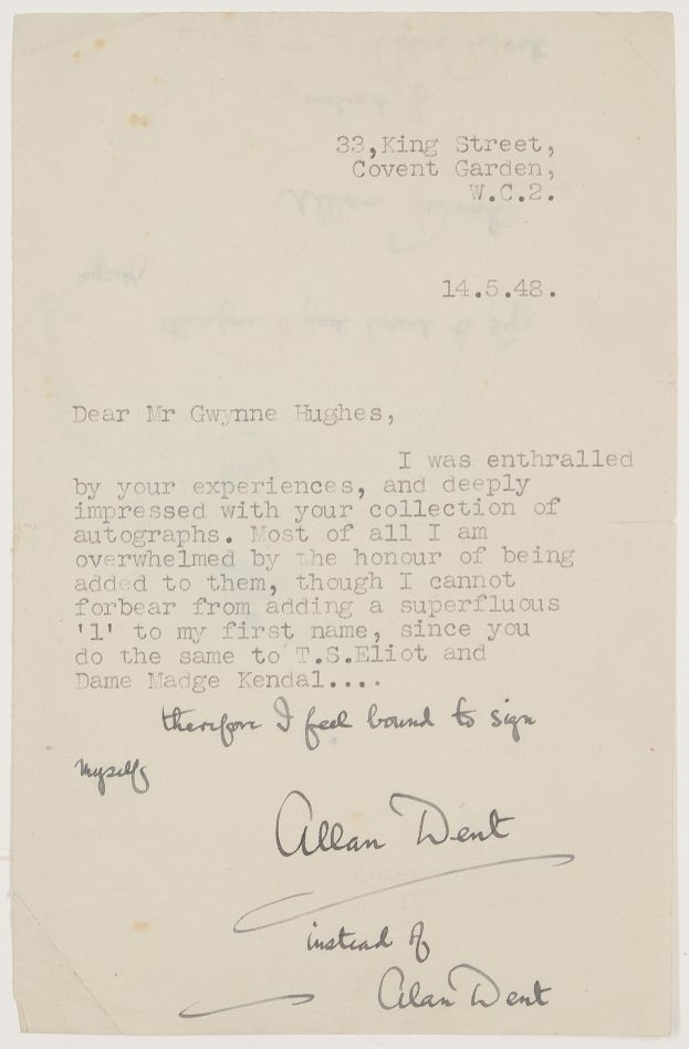 DENT — Waspish Typed Letter Signed and Subscribed to John M. Gwynne Hughes, | Sophie Dupré Autographs