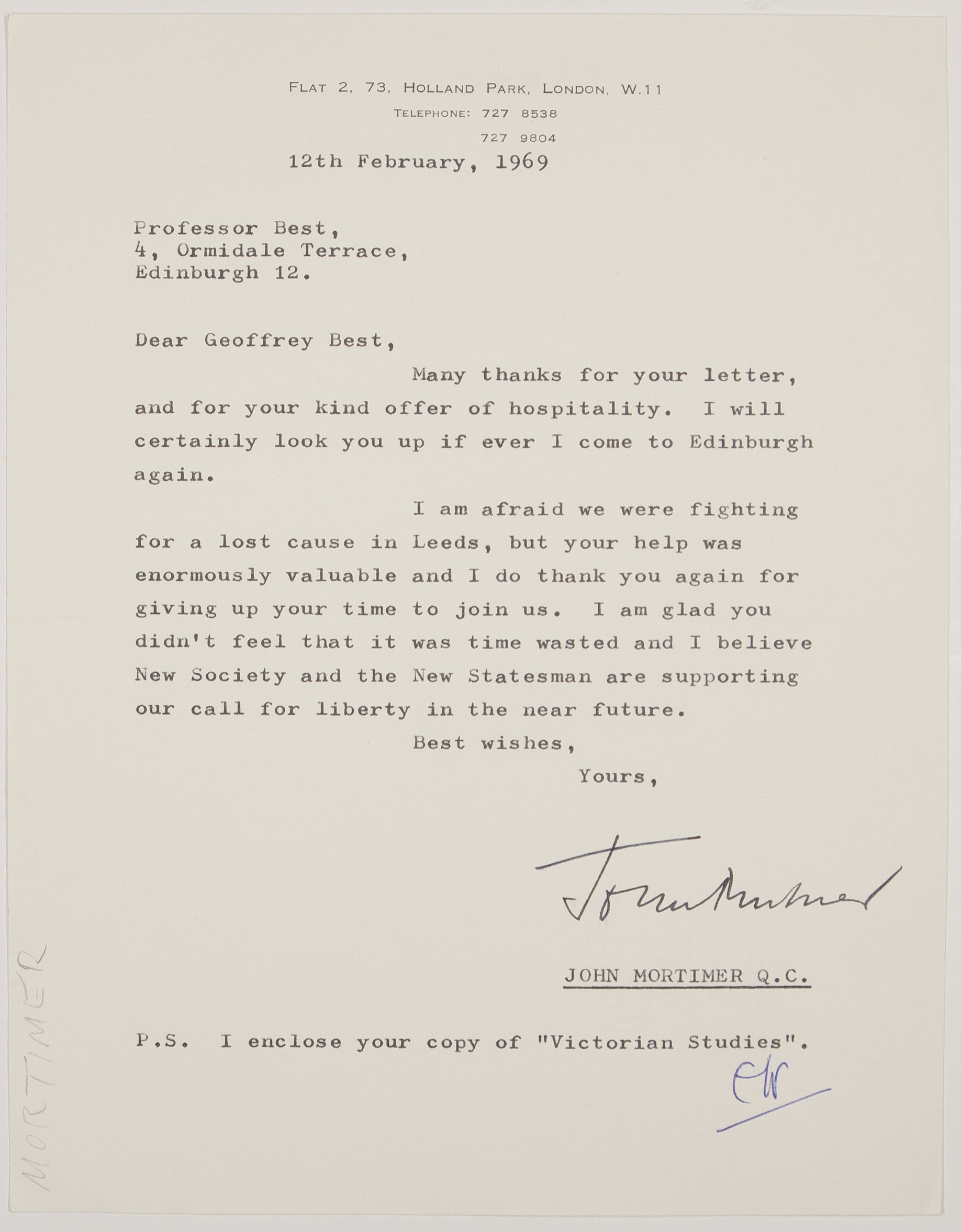 MORTIMER — Typed Letter Signed to Geoffrey F.A. Best, | Sophie Dupré Autographs