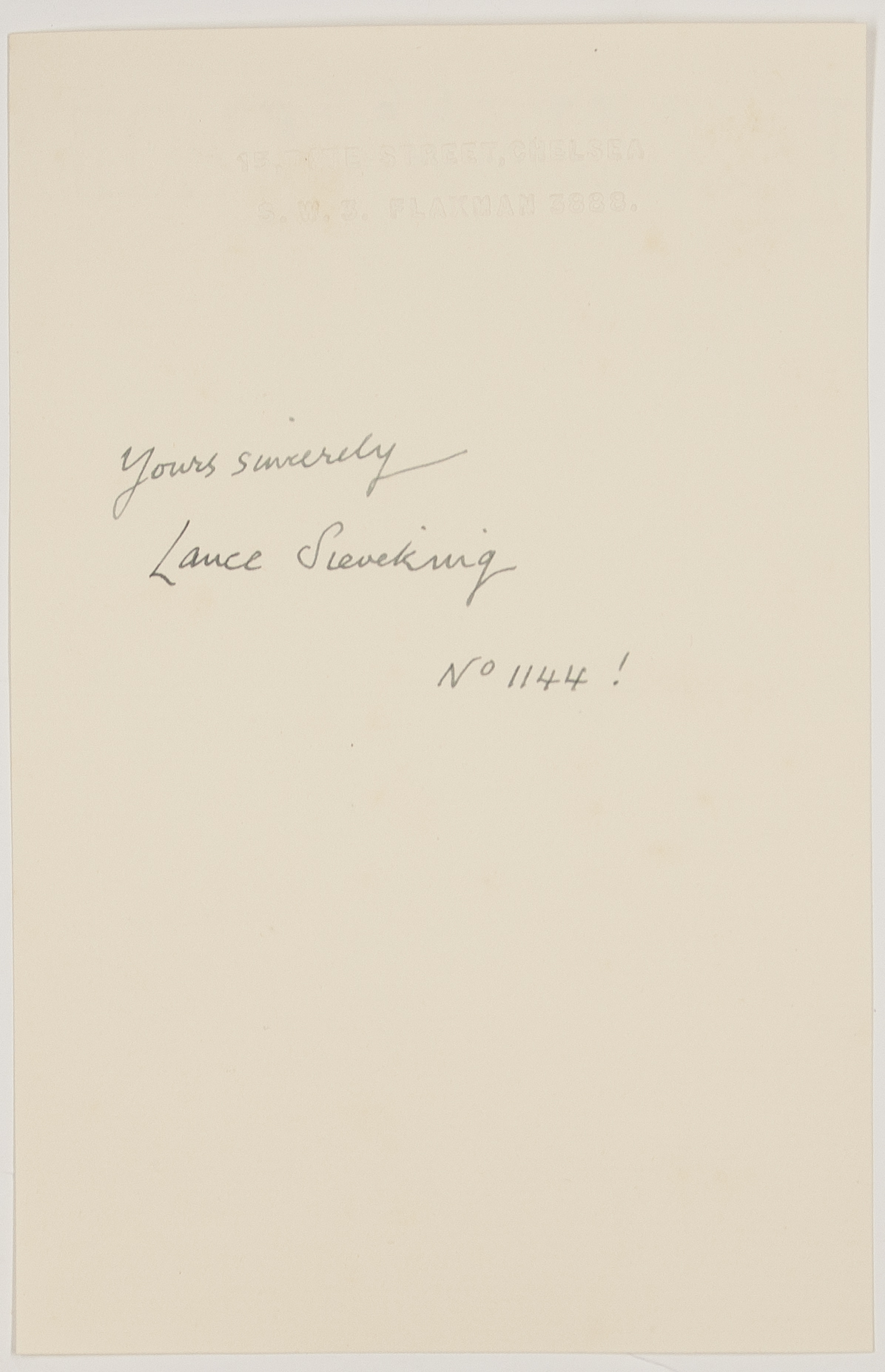 SIEVEKING — Signature 'Lance Sieveking' and Subscription, | Sophie Dupré Autographs