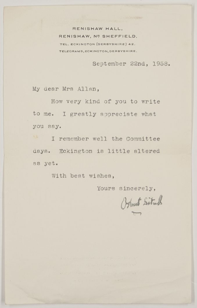 SITWELL — Typed Letter Signed to Mrs Allen, | Sophie Dupré Autographs
