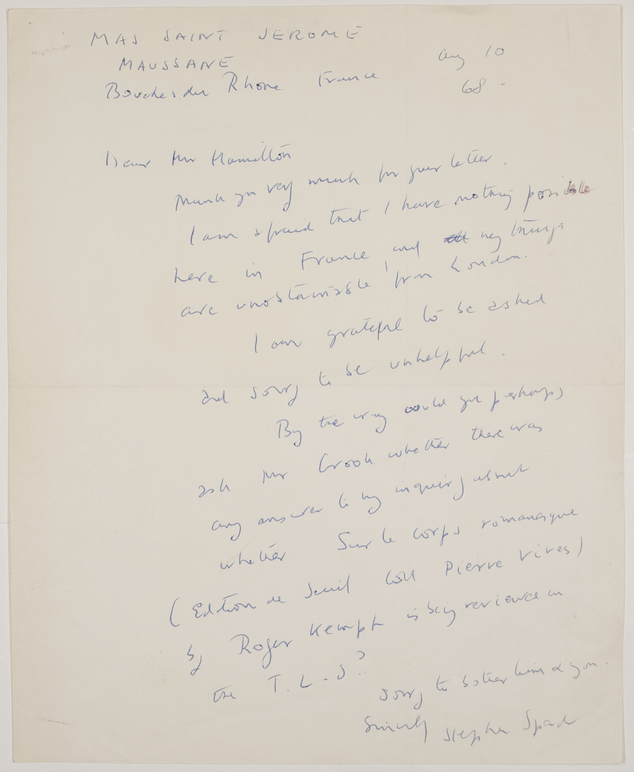 SPENDER — Autograph Letter Signed to Mr Hamilton, | Sophie Dupré Autographs