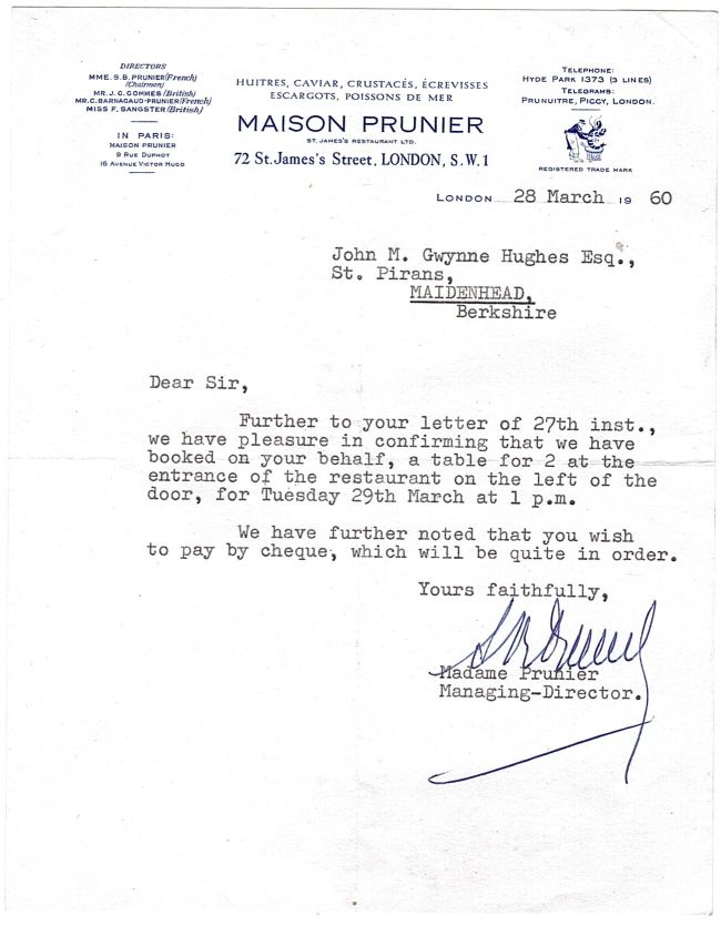 PRUNIER — Typed Letter Signed to John M. Gwynne Hughes | Sophie Dupré Autographs