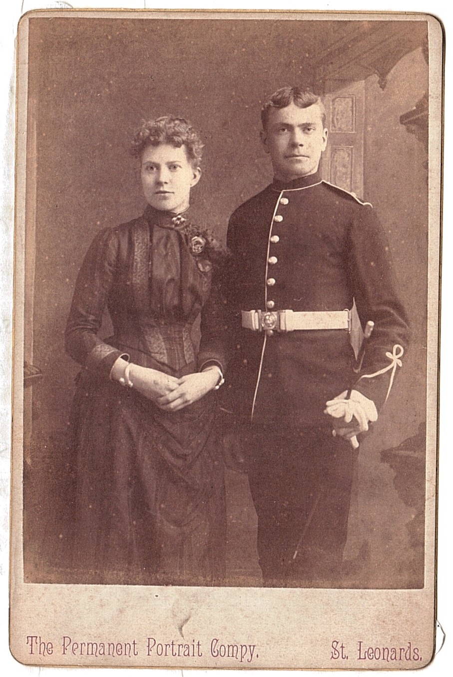 MILITARY PORTRAIT PHOTOGRAPH — Charming Studio Cabinet Photograph of a Soldier with his Wife, | Sophie Dupré Autographs
