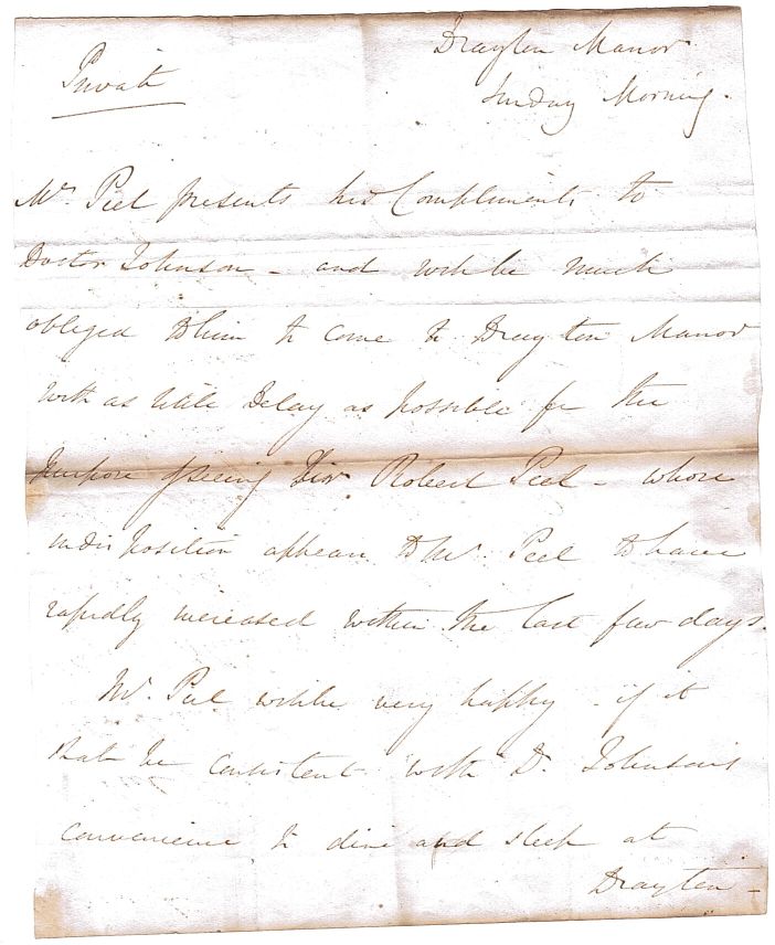 PEEL — Autograph Letter in the Third Person as 'Mr Peel' to Dr Johnson, | Sophie Dupré Autographs