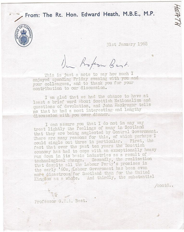 HEATH — Typed Letter Signed and Subscribed to Geoffrey F.A. Best, | Sophie Dupré Autographs