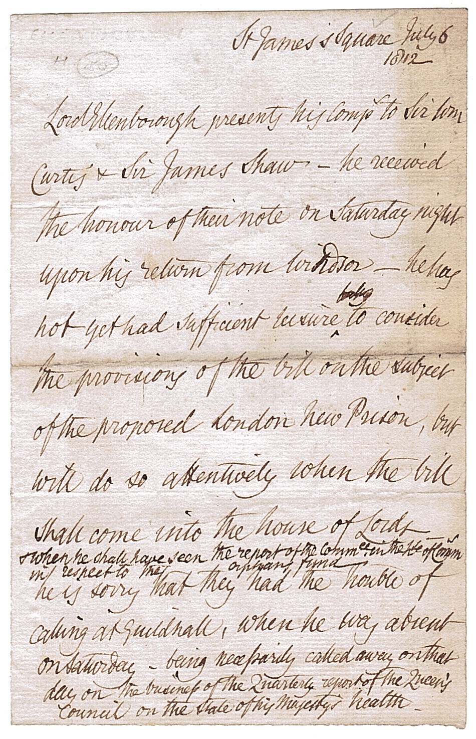 ELLENBOROUGH — Autograph Letter in the third person to the MPs for the City of London, | Sophie Dupré Autographs