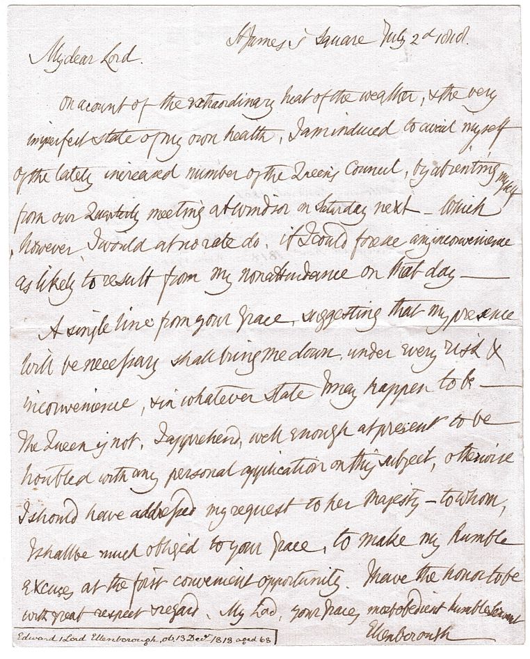 ELLENBOROUGH — Autograph Letter Signed to 'My dear Lord', | Sophie Dupré Autographs