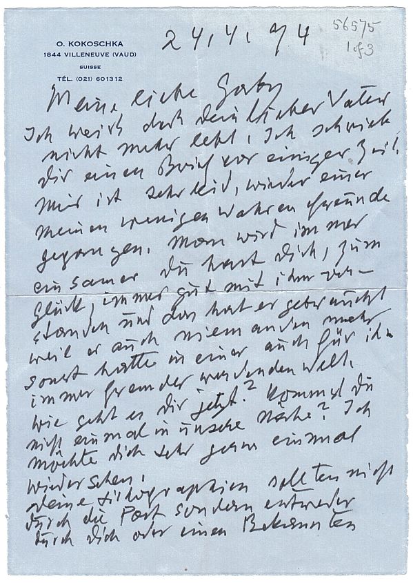 KOKOSCHKA — Fine Autograph Letter Signed with Initials to Gaby GOLDSCHEIDER | Sophie Dupré Autographs