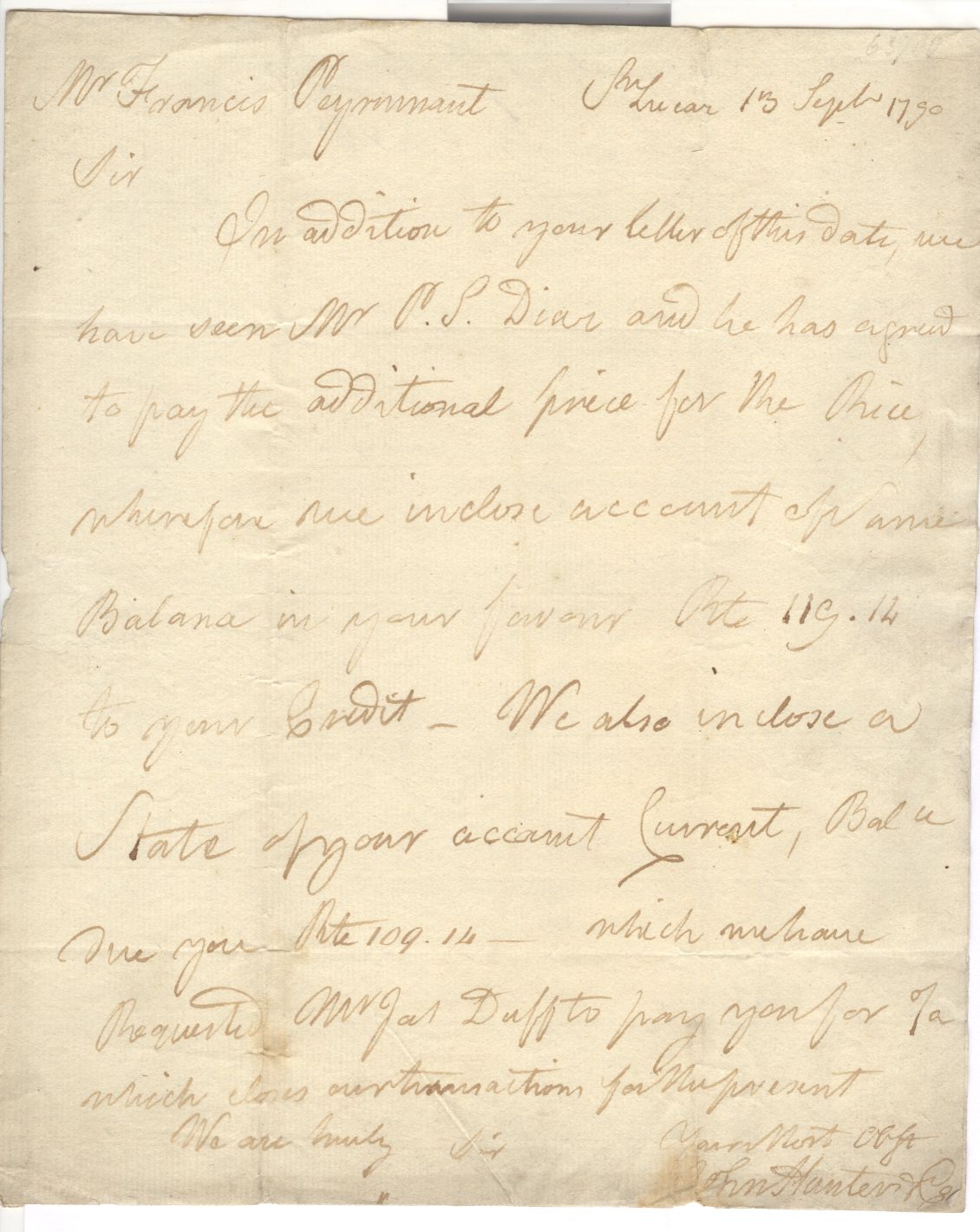 [HUNTER — Letter Signed 'John Hunter and Co' to Mr Francis Peyronnant, | Sophie Dupré Autographs