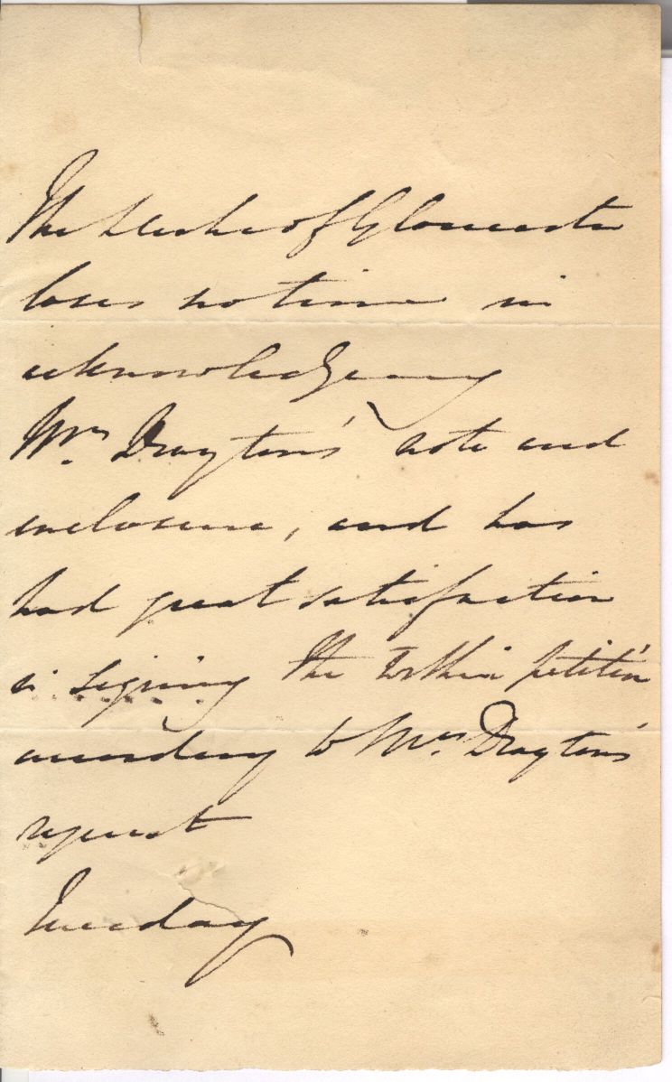 WILLIAM FREDERICK — Autograph Note in the Third Person to Mr Drayton, | Sophie Dupré Autographs