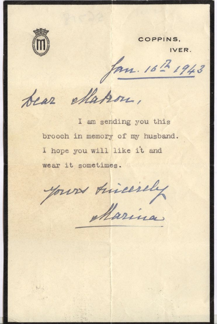 MARINA — Typed Letter Signed and subscribed to 'Dear Matron', | Sophie Dupré Autographs