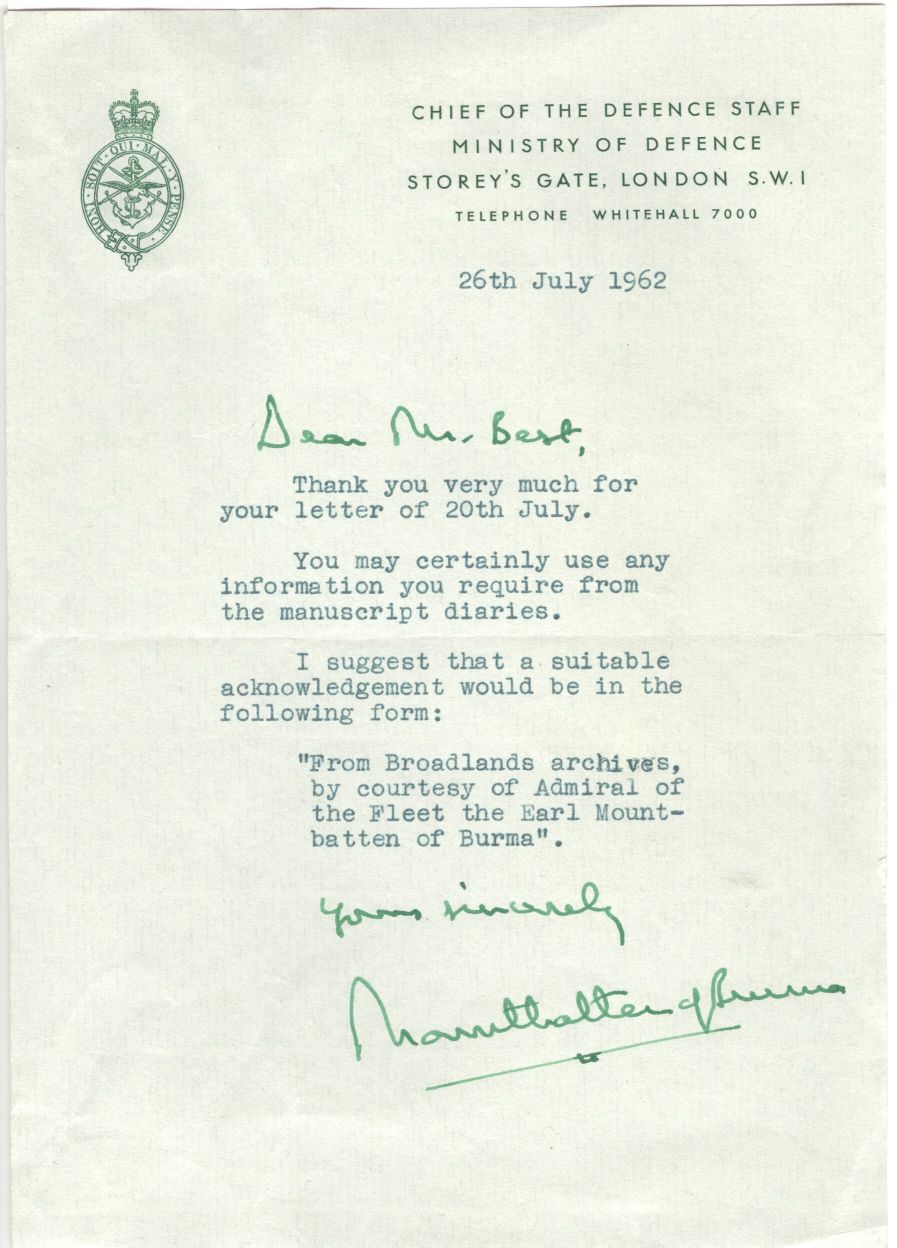 MOUNTBATTEN — Typed Letter Signed 'Mountbatten of Burma' to Mr. Best, | Sophie Dupré Autographs