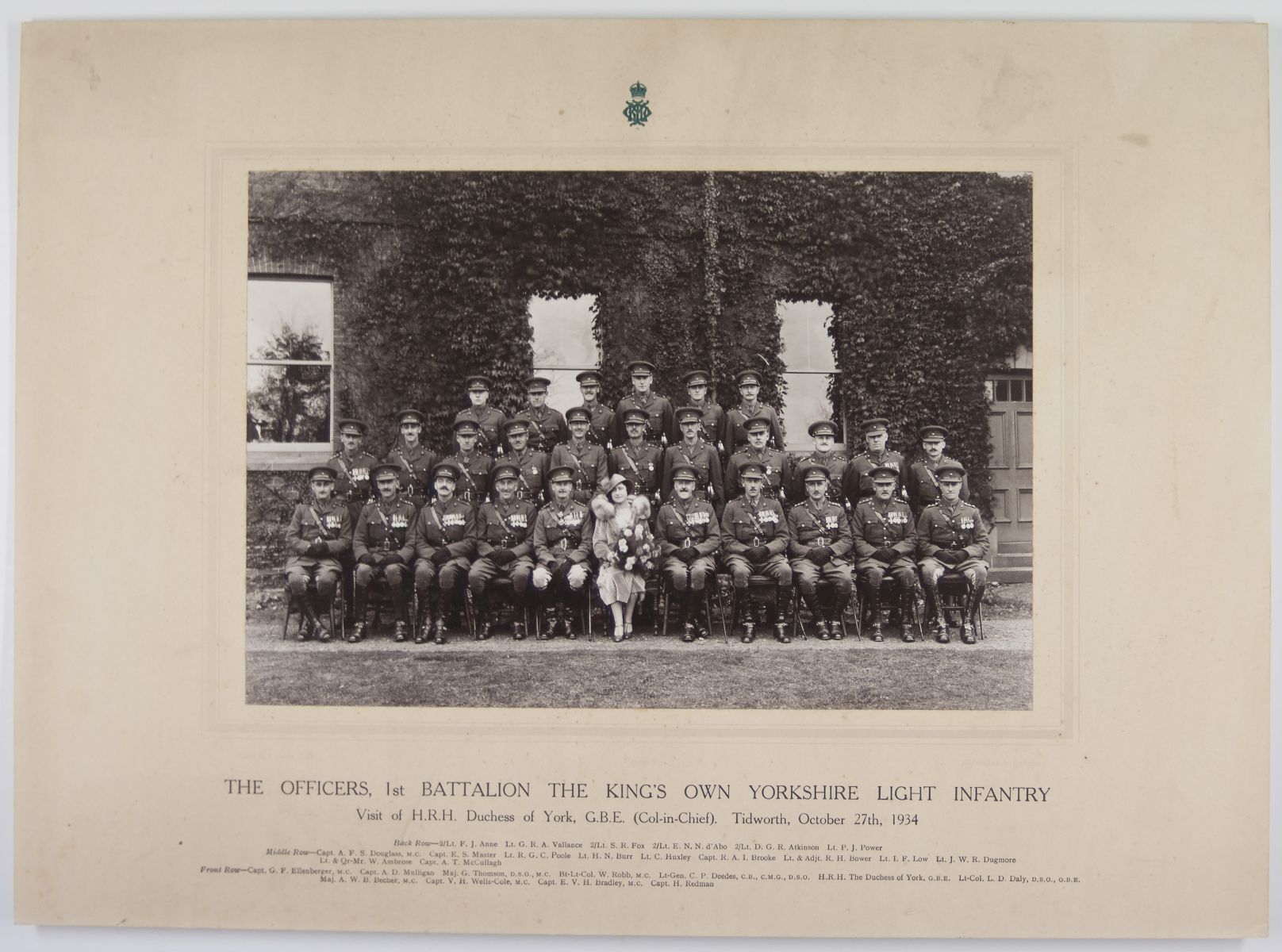 [ELIZABETH — Fine Large Unsigned Group Photograph of the Officers, 1st Bn The King's Own Yorkshire Light Infantry, | Sophie Dupré Autographs